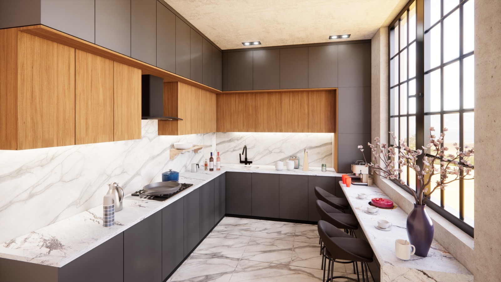 Contemporary L-Shape with Marble Backsplash