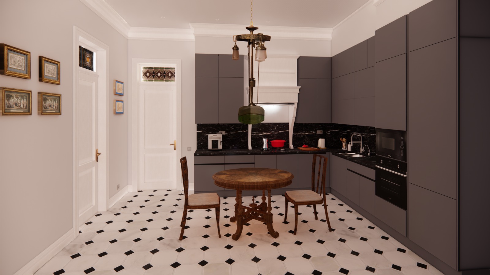 Traditional Gray Kitchen with Black Marble