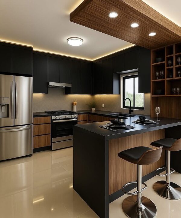 Black and Walnut Contemporary with Breakfast Bar