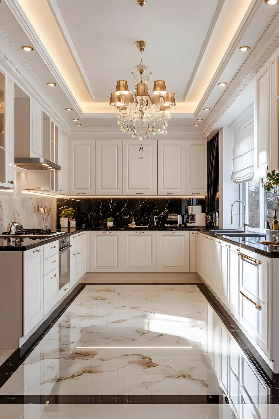 Luxe White Kitchen with Crystal Chandelier
