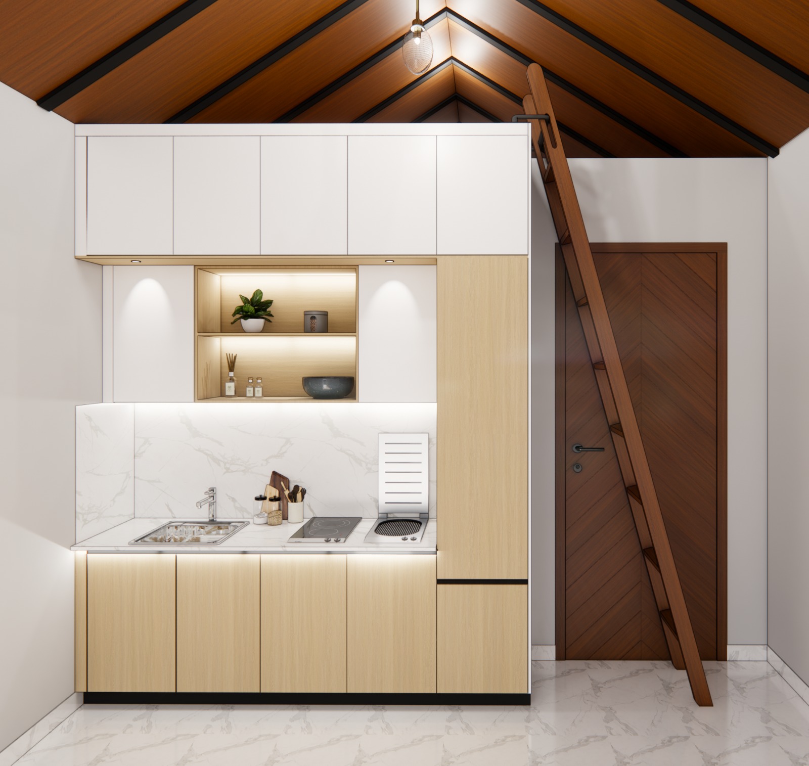 Compact Kitchenette with Vaulted Ceiling