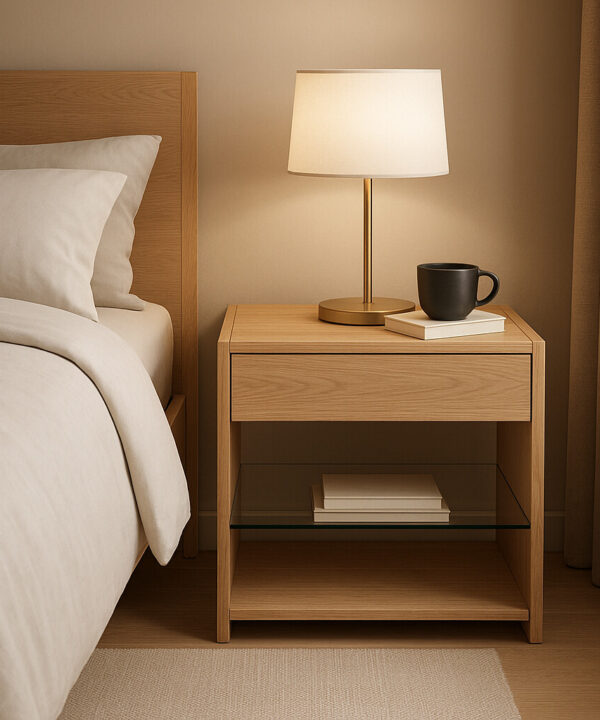 Scandinavian Oak Nightstand with Glass Shelf and Minimalist Design
