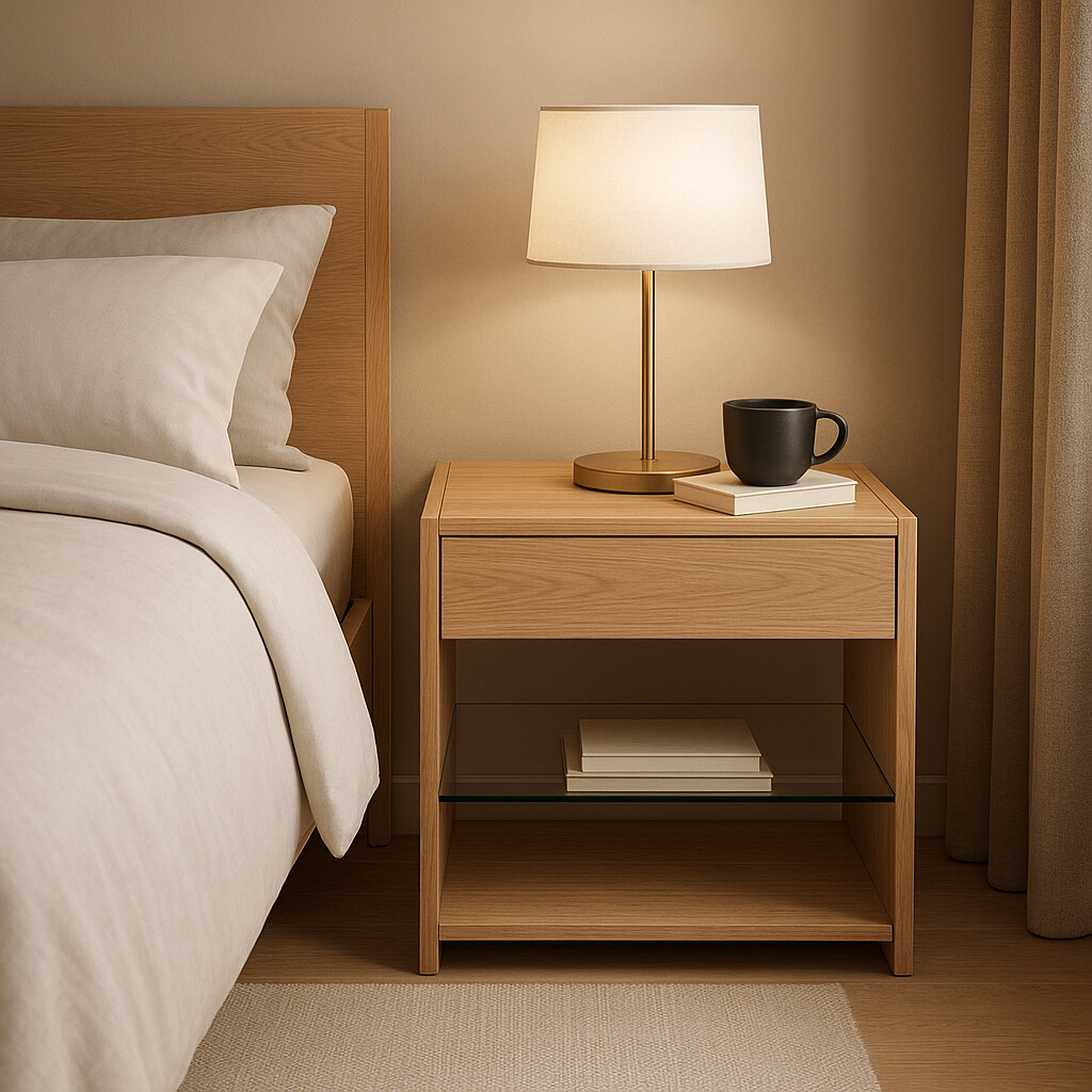 Scandinavian Oak Nightstand with Glass Shelf and Minimalist Design
