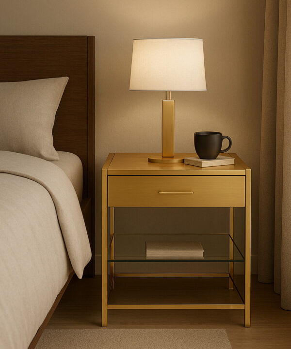 Contemporary Light Oak Nightstand with Glass Shelf and Gold Accents