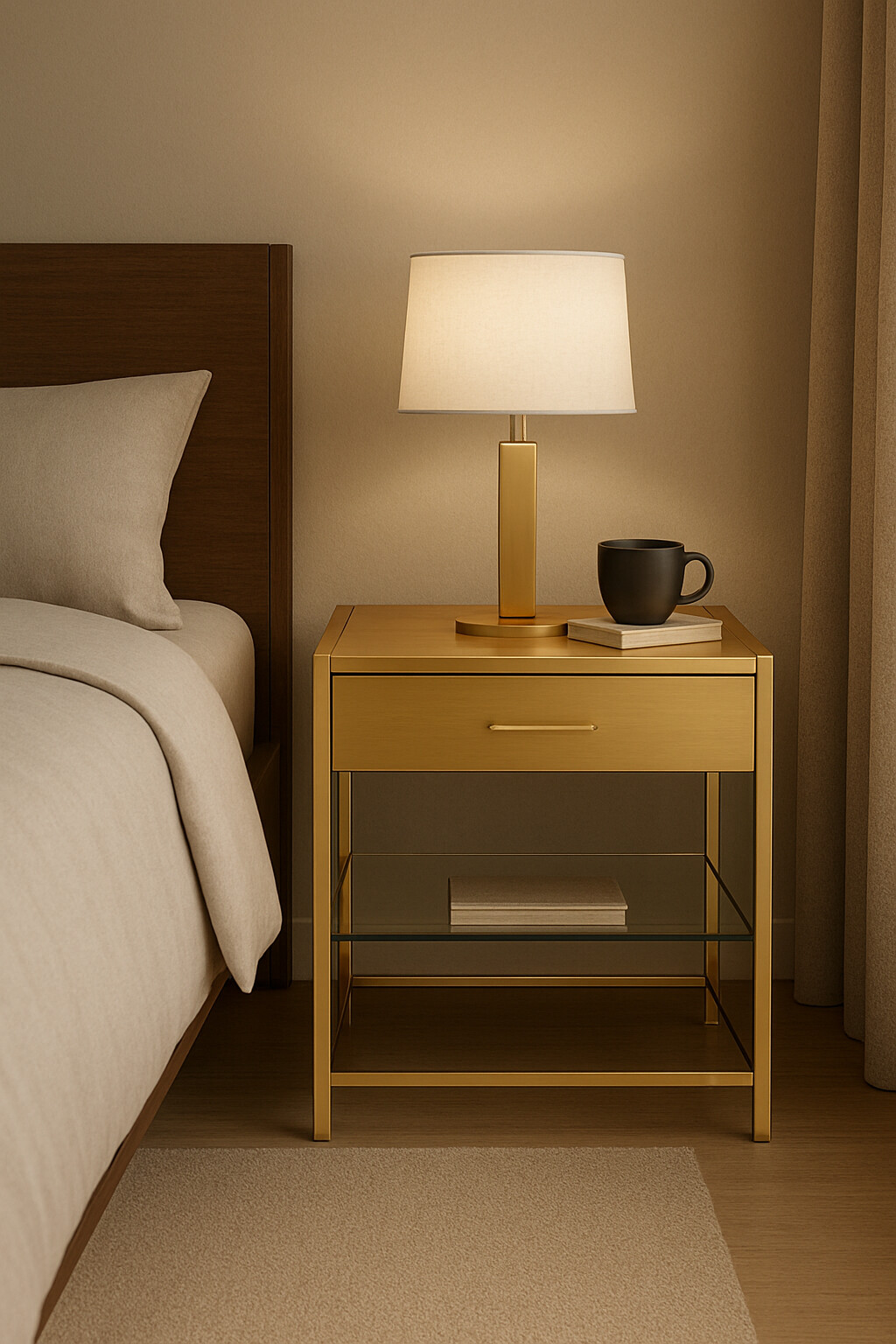 Contemporary Light Oak Nightstand with Glass Shelf and Gold Accents
