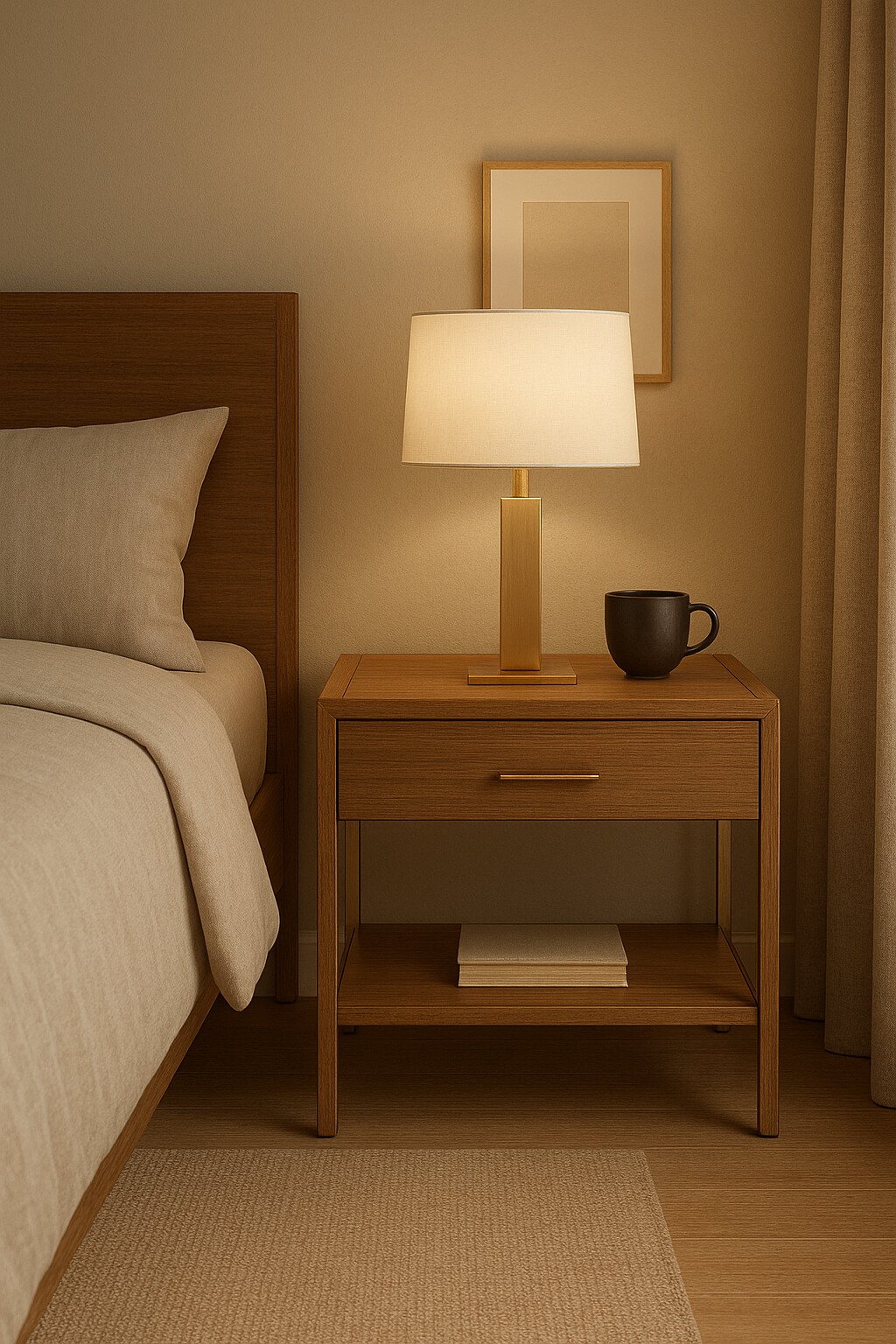 Mid-Tone Oak Nightstand with Drawer and Bar Handle