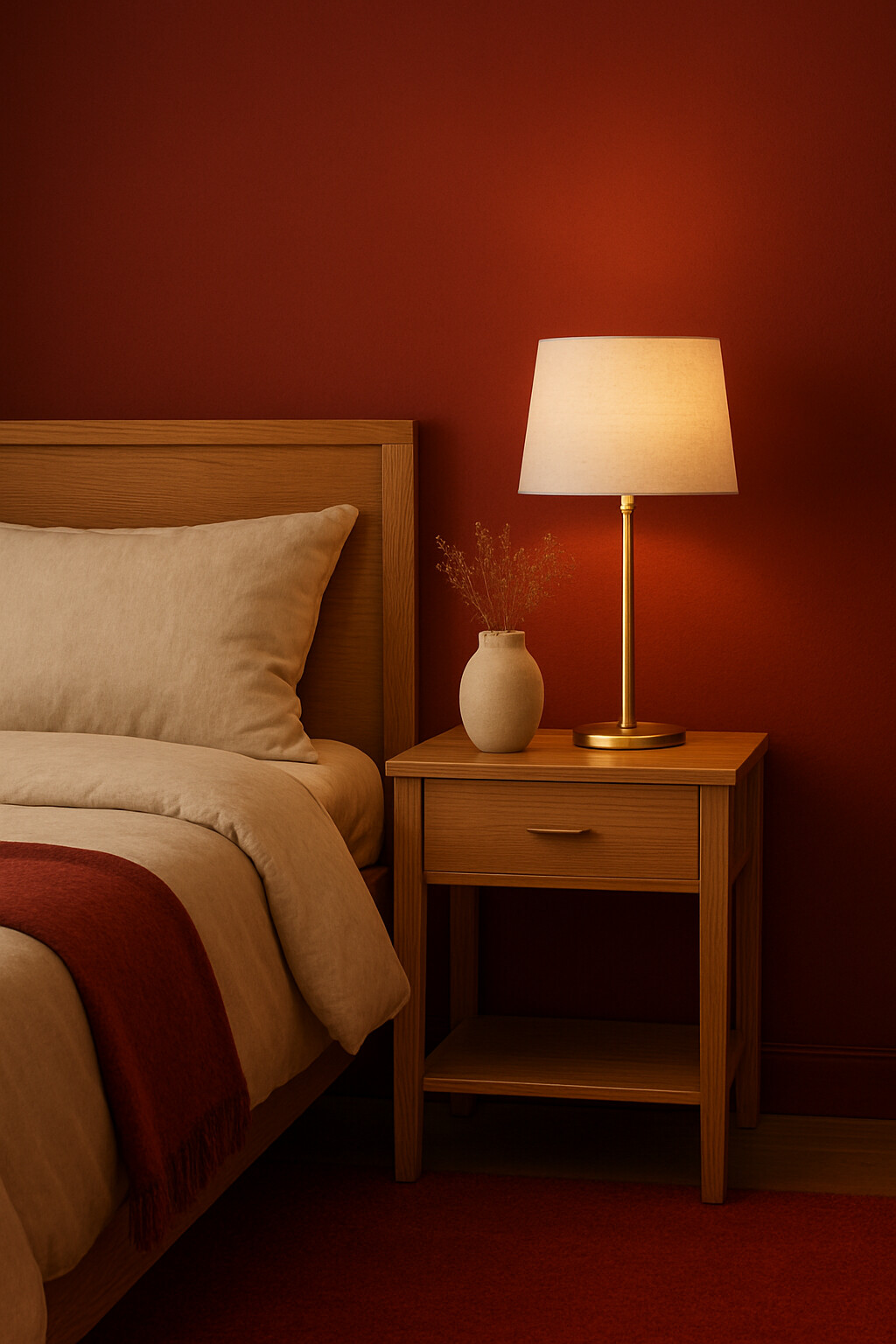 Warm Oak Nightstand with Single Drawer and Open Storage