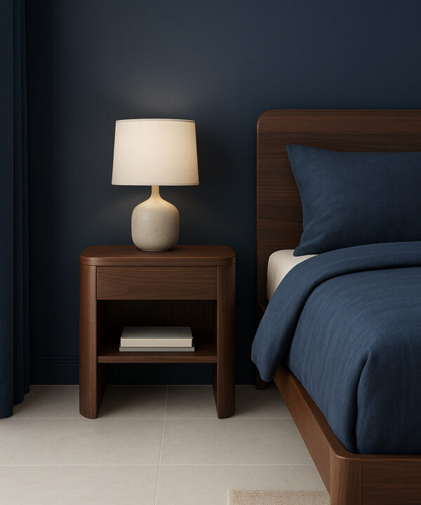 Modern Walnut Nightstand with Drawer and Open Shelf Storage