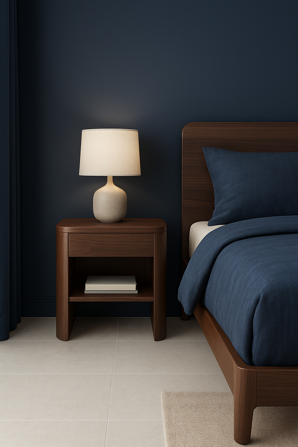 Modern Walnut Nightstand with Drawer and Open Shelf Storage