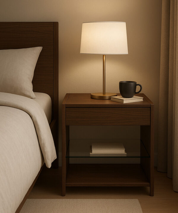 Contemporary Walnut Nightstand with Drawer and Tempered Glass Shelf