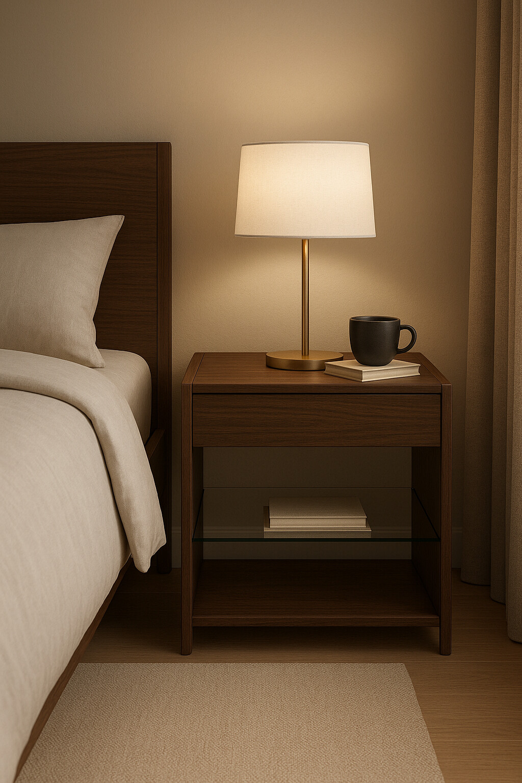 Contemporary Walnut Nightstand with Drawer and Tempered Glass Shelf