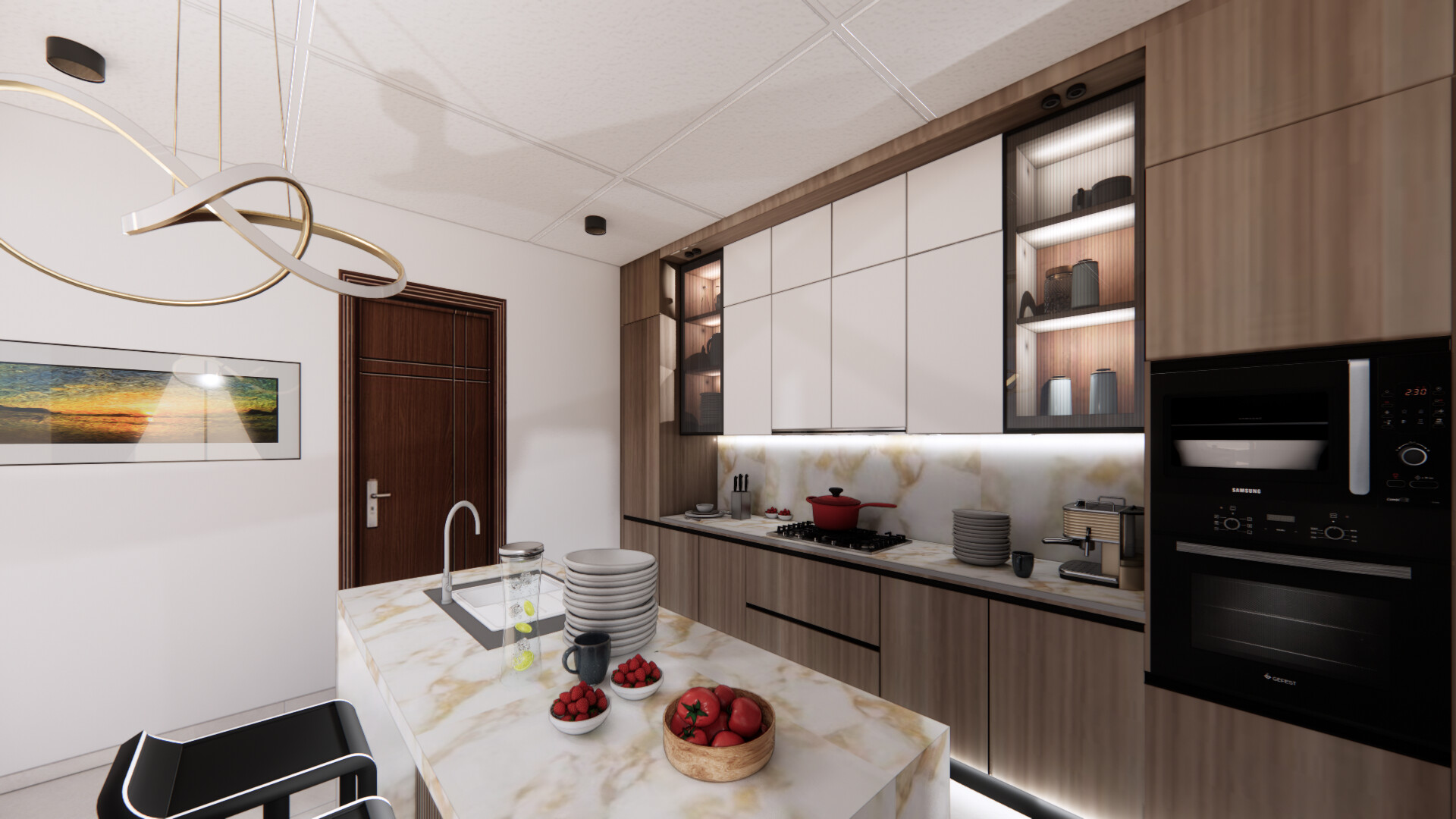 Modern Walnut and Taupe with Marble Island