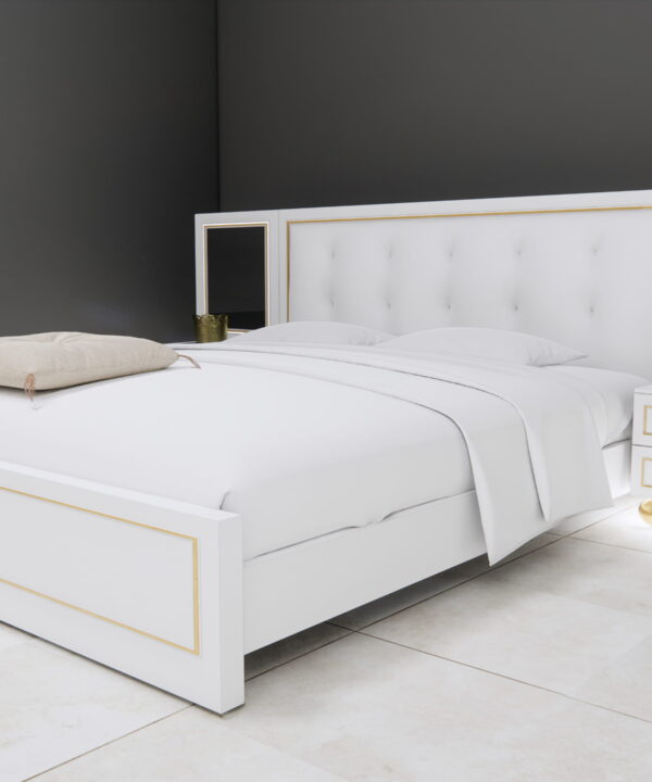 Luxe White Upholstered Platform Bed with Tufted Headboard and Gold Trim Accents