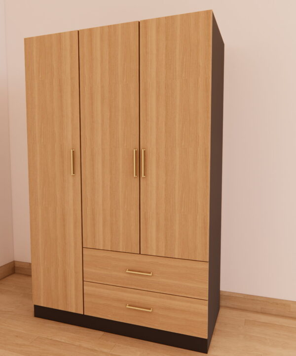 Three-Door Oak Wardrobe with Drawer Base