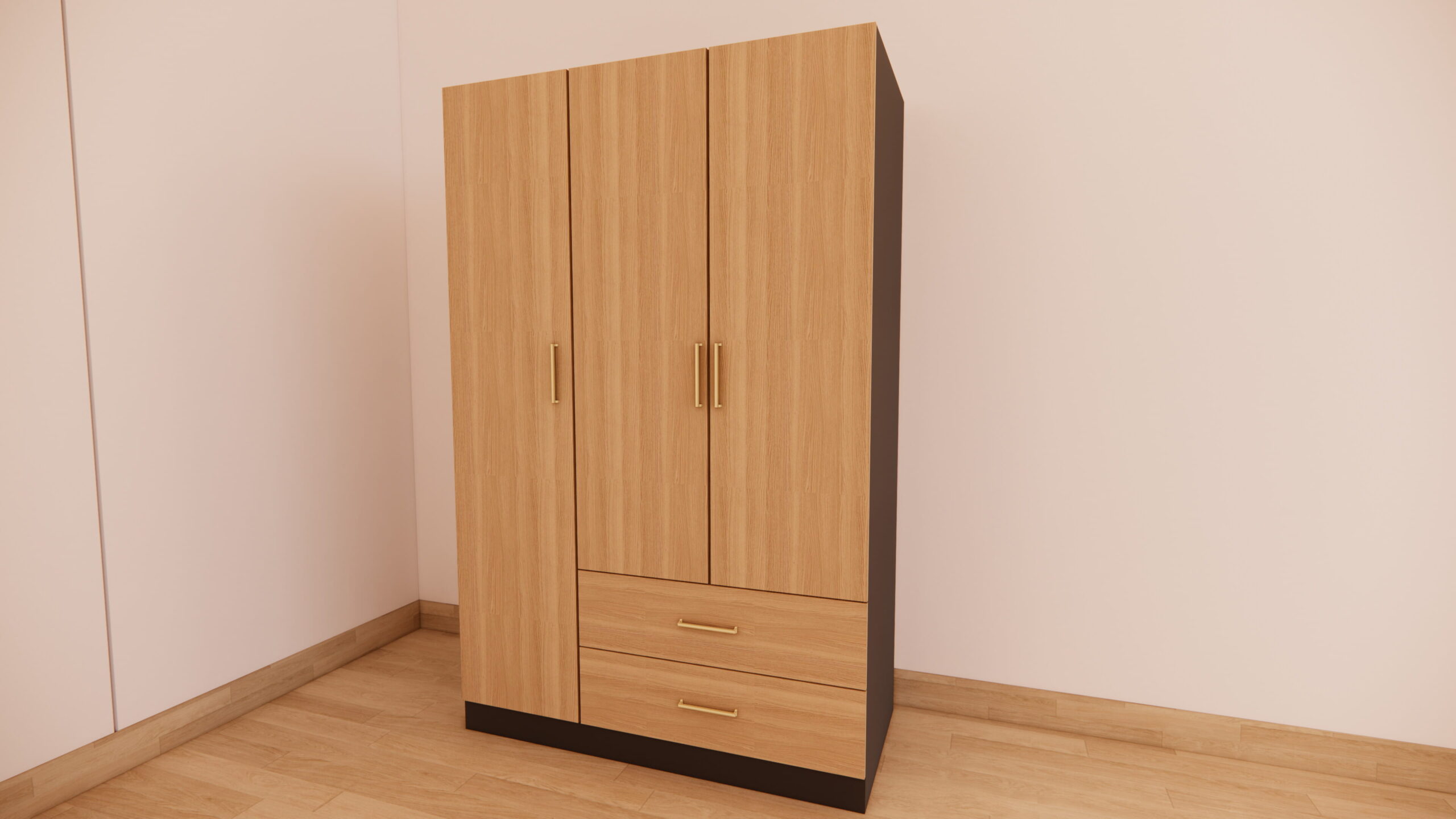 Three-Door Oak Wardrobe with Drawer Base