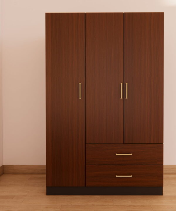 Walnut Three-Door Wardrobe with Storage Drawers