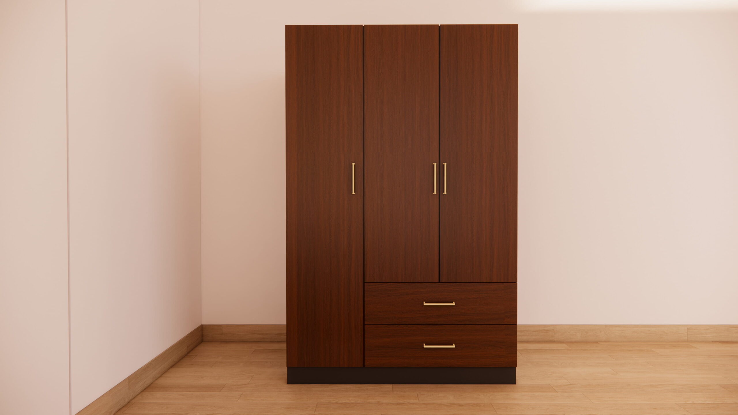 Walnut Three-Door Wardrobe with Storage Drawers