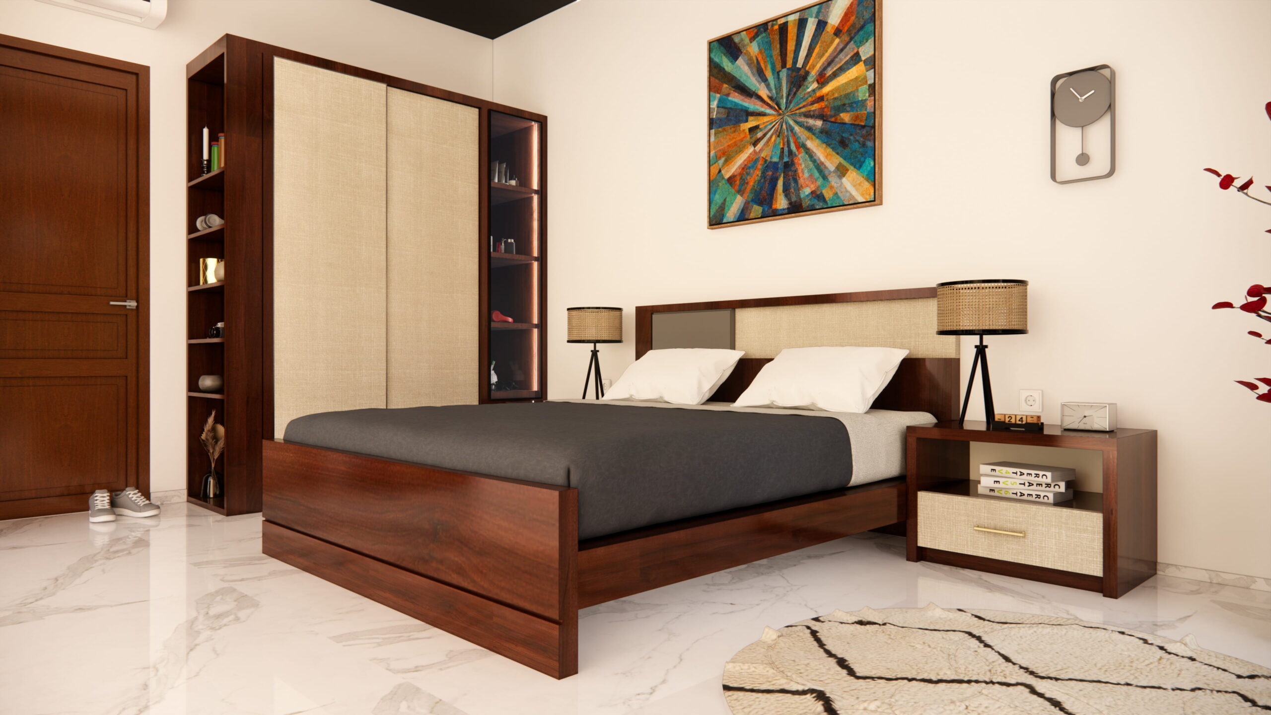 Modern Platform Bed with Upholstered Headboard Panels