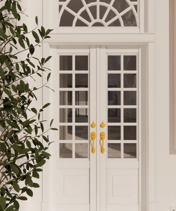 White Double Doors with Sunburst Transom