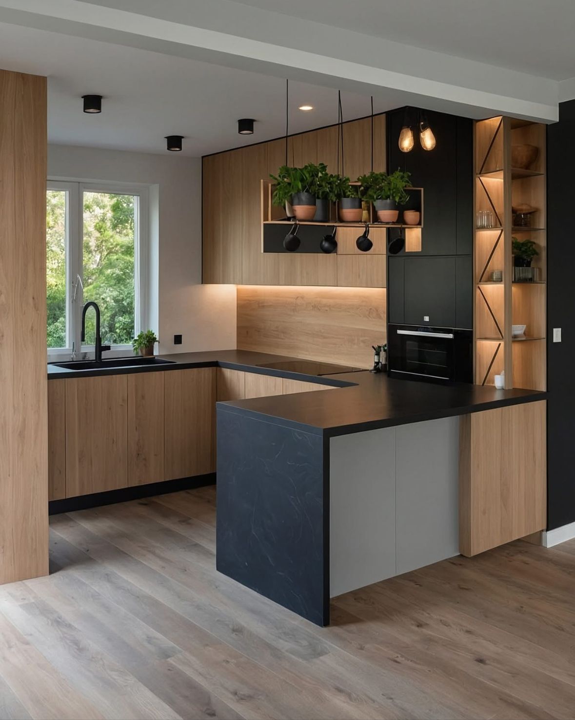 Modern Oak and Black with Island