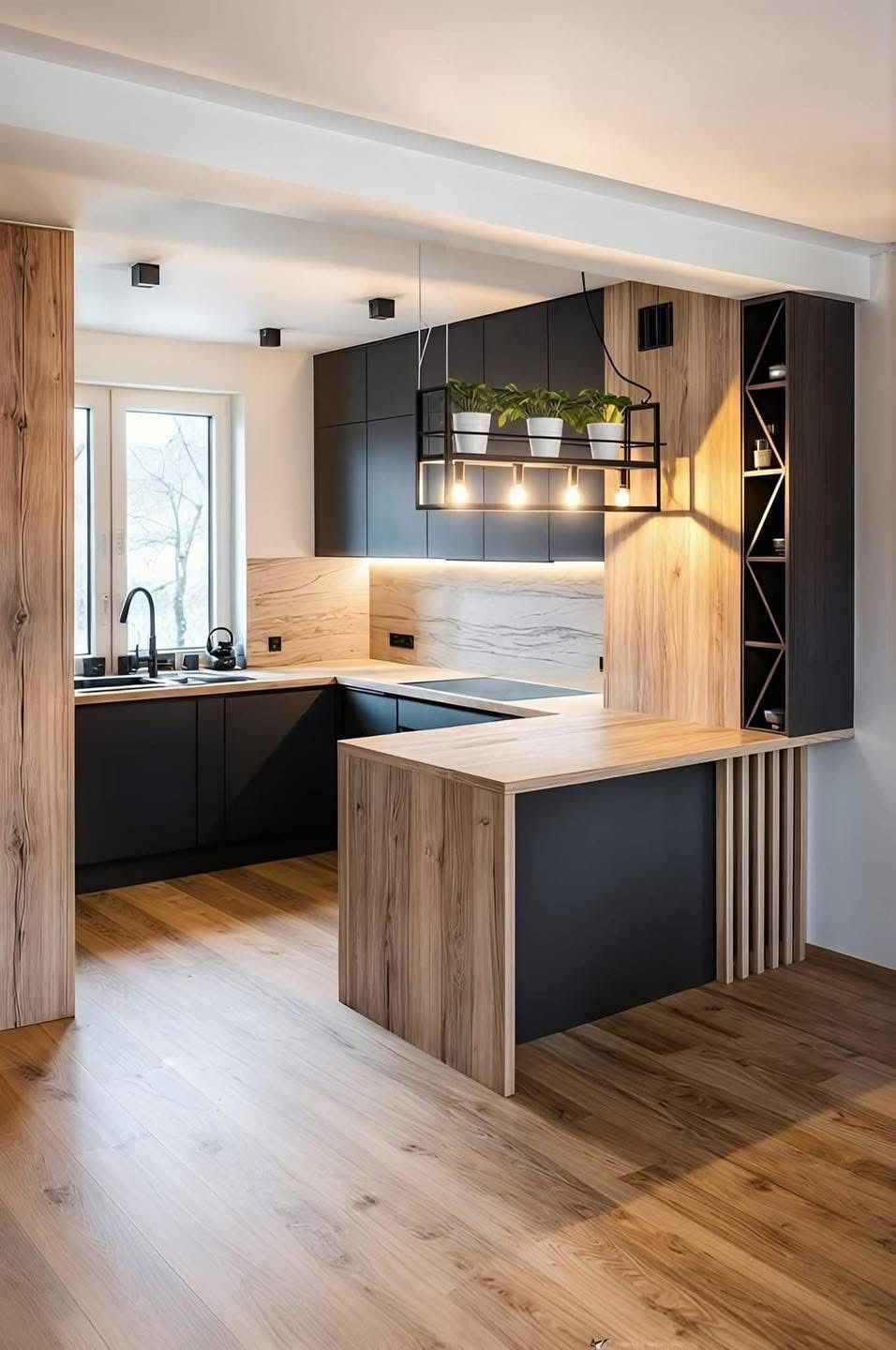 Contemporary Oak and Black with Island