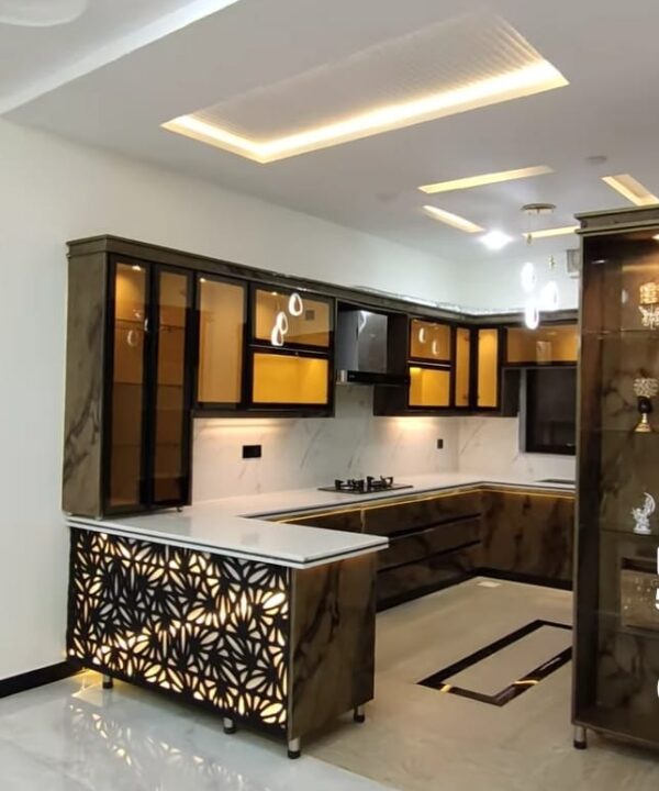 Dark Wood with Amber LED and Laser-Cut Island