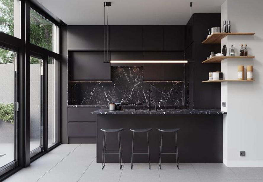 All-Black Kitchen with Marble Drama