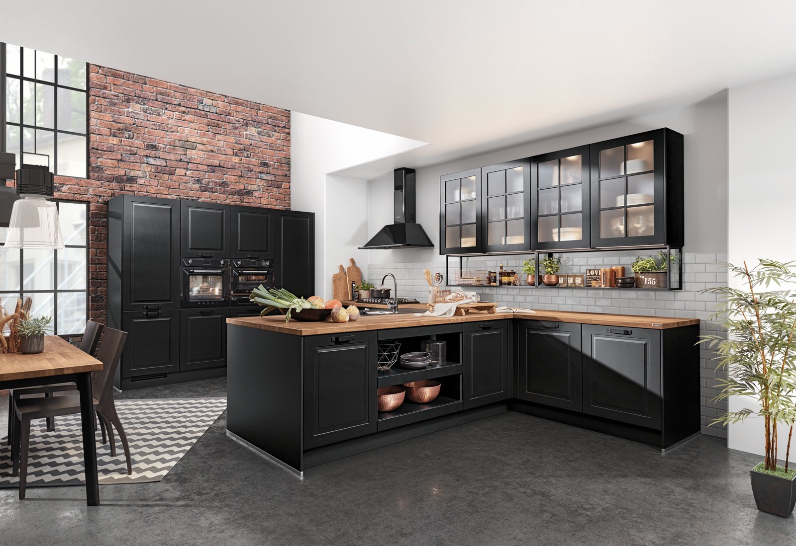 Industrial Black Kitchen with Wood Island