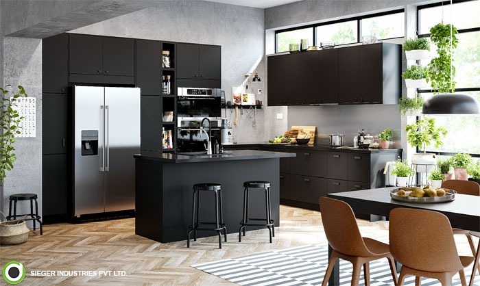 Modern Black Kitchen with Concrete Walls