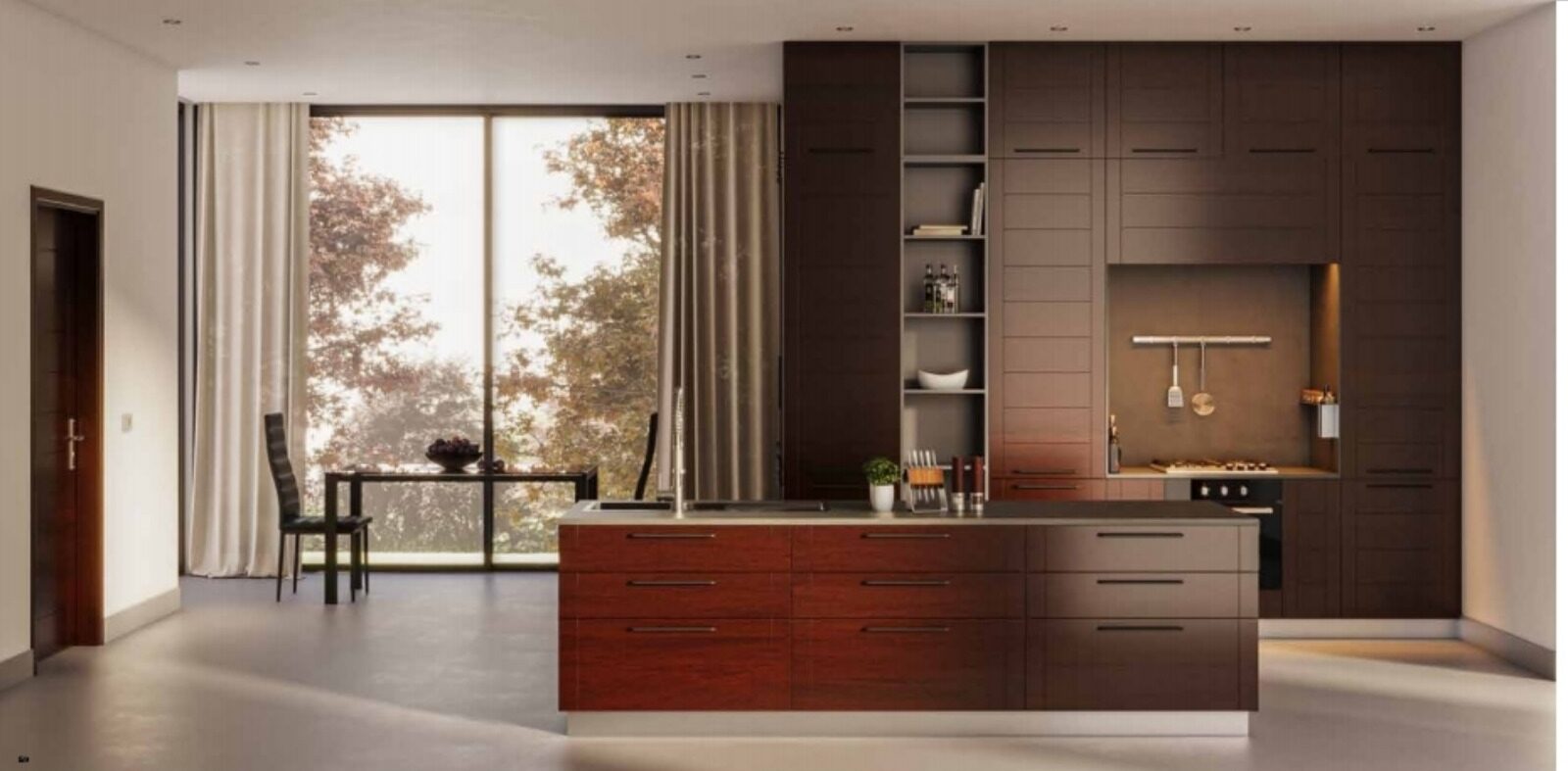 Dark Wood Horizontal Grain with Red Island