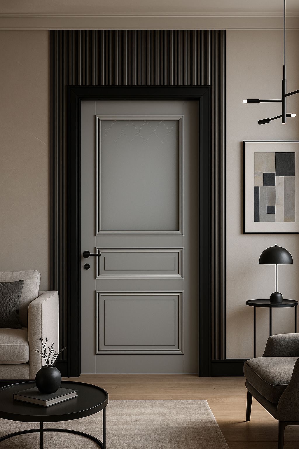 Light Gray Three-Panel Door with Black Fluted Surround