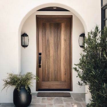 Walnut Vertical Plank Door with Arched Entry