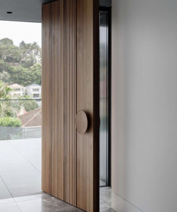 Modern Walnut Vertical Slat Pivot Door