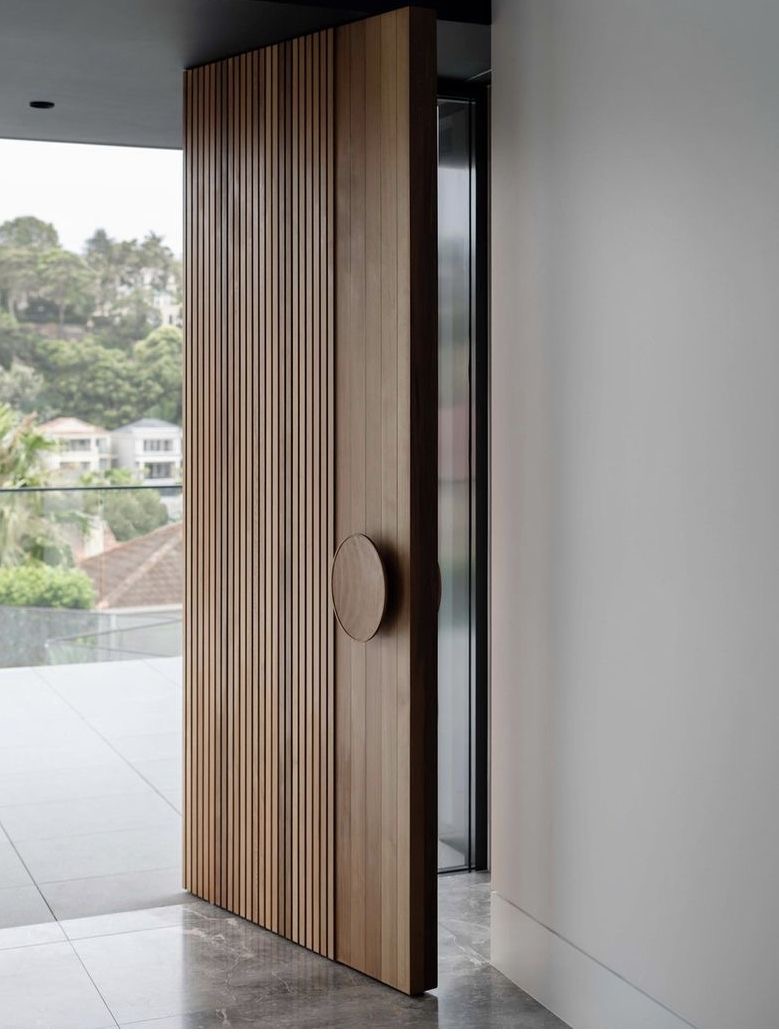 Modern Walnut Vertical Slat Pivot Door