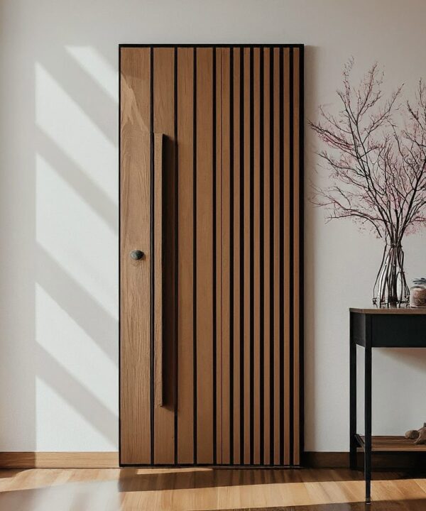 Oak Door with Asymmetric Vertical Black Slats
